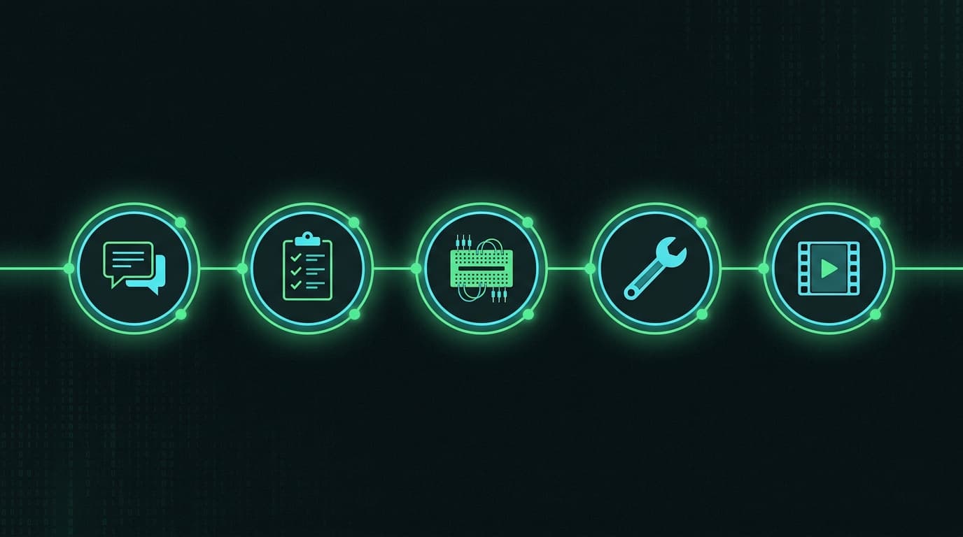 Five-step maker workflow: describe, plan, sketch, adjust, showcase